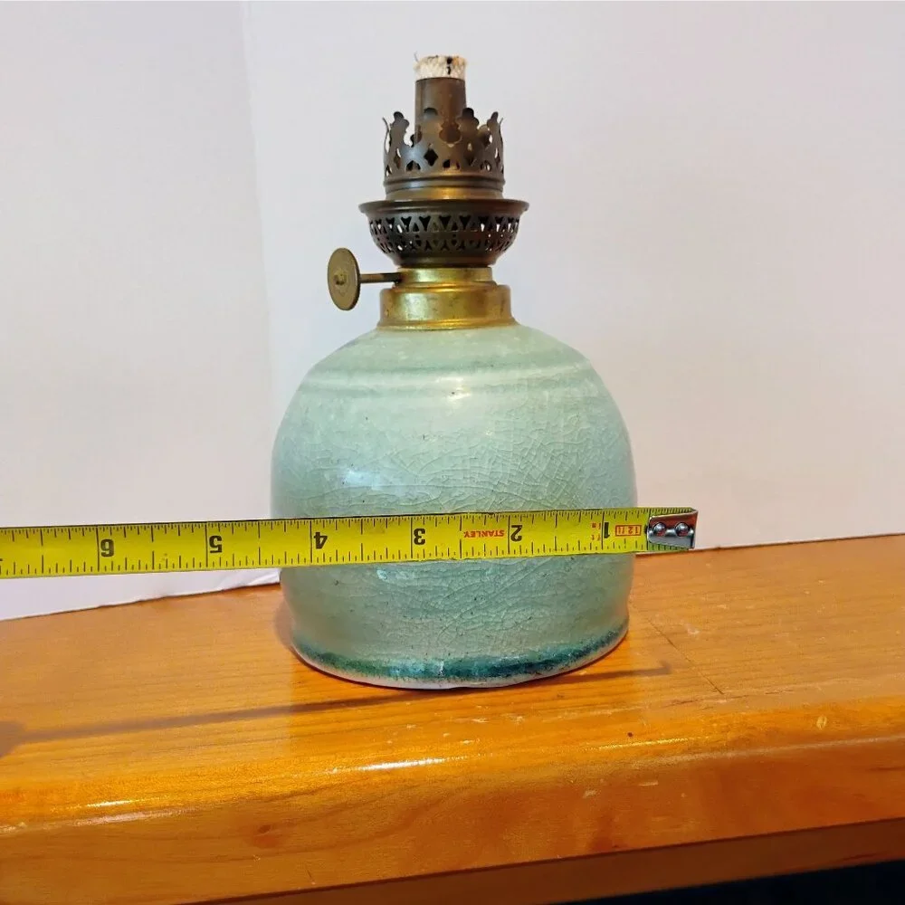 Vintage Seafoam Green Ceramic Studio Pottery Oil Lamp With Ornate Brass Coronet